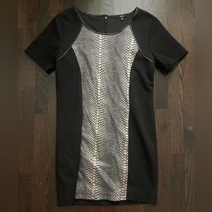 VeryJ Black Mini Dress Worn Once Leather Trim Snake Skin Stitched Details